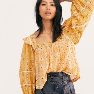 Free people blouse yellow mustard sheer xs square neck